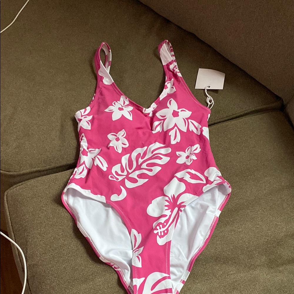 Pink and White Tropical One Piece Swimsuit